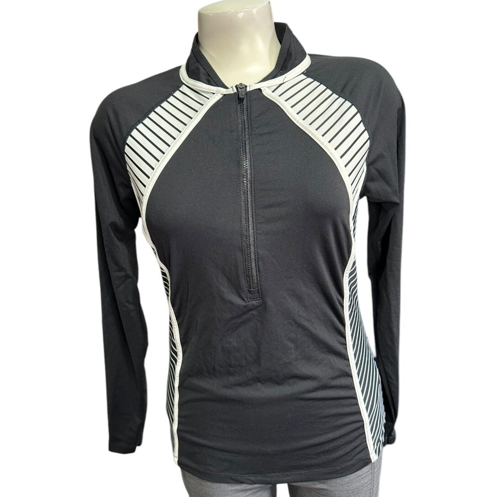 Athleta Women's Jacket Top Sweatshirt Run‎ Free Half Zip Size M Black Striped